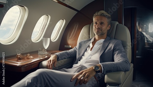 a businessman takes a seat on a jet plane, ready for his next business endeavor