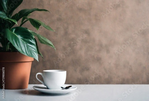 Coffee Cup on Table near Plant by Wall 