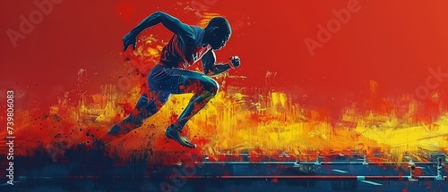 Athlete running hurdles in front of a red background
