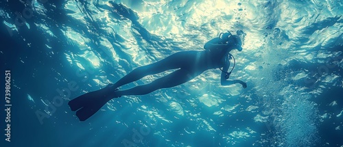 Blue background with underwater diver isolated