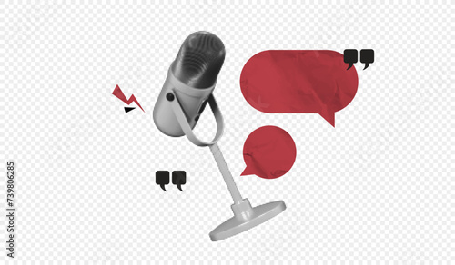 Trendy Halftone Collage Online Broadcasting concept. Audio recording of interview. Microphone with speech bubble messages. Talking in podcast. Streaming service. Contemporary vector art photo
