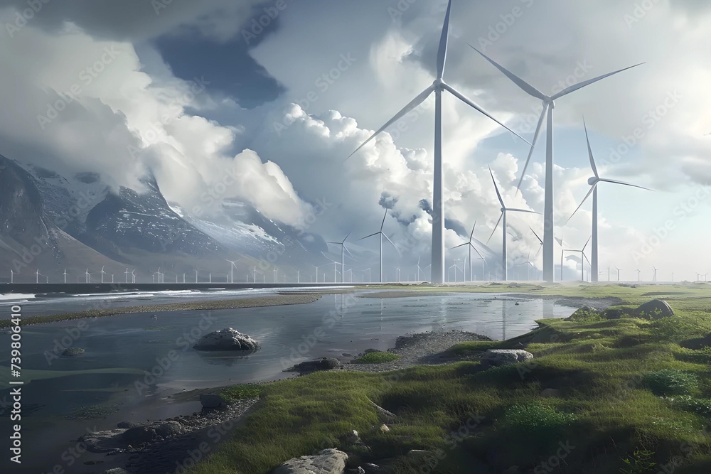 Obraz premium Coastal renewable energy landscape with strategically placed windmills and solar arrays to harness nature's power.