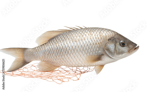 A fish sits on a net, with its vibrant colors contrasting against the mesh, creating an interesting visual composition. on a White or Clear Surface PNG Transparent Background.