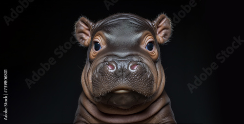 Hippopotamus puppy cute animal face portrait on black background