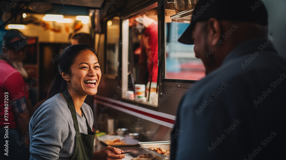 a bustling street food truck market, a joyful mix of multiracial individuals converged, drawn together The air buzzed with laughter