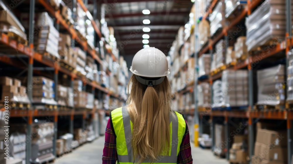 A female warehouse worker, wearing a white hard hat, is seen from the back, standing between shelves in a storage facility A female warehouse worker, wearing a white hard hat, is seen from the back, standing between shelves in a storage facility