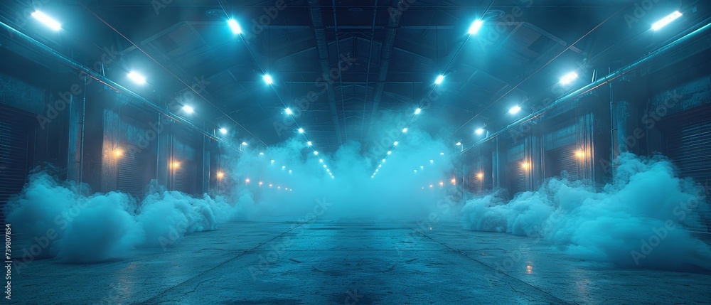 Stadium arena lights, smoke bombs, an empty dark scene, neon lights, a studio room with smoke floating up the interior texture, a night view of products on display.