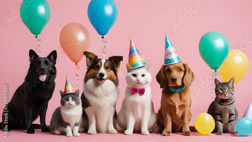 group of pets and balloons, group of dogs and cats and balloons, Adorable pets, Pet day, National pet day, AI generated © Kim