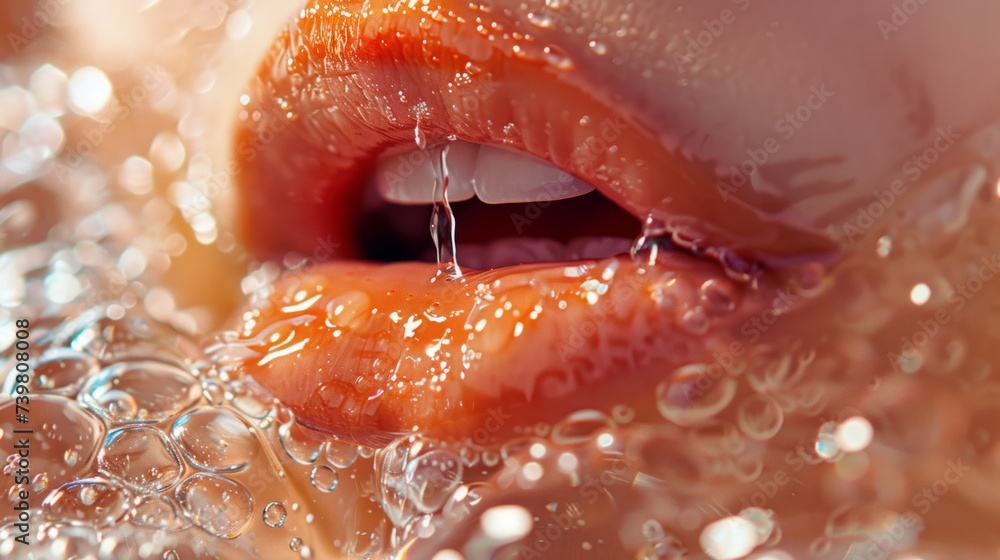 The concept of aesthetic cosmetology, care of the female body, close-up of the sensual lips of a girl under drops of water - obrazy, fototapety, plakaty 