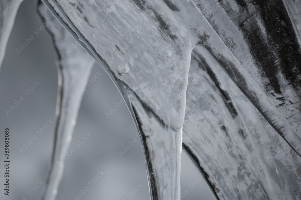 Close up of spiky, flat frozen icicle