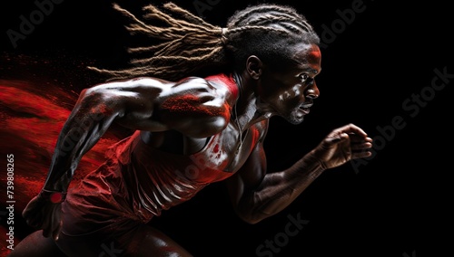 A powerful female sprinter races against a sleek black background