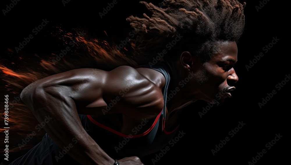 A powerful female sprinter races against a sleek black background