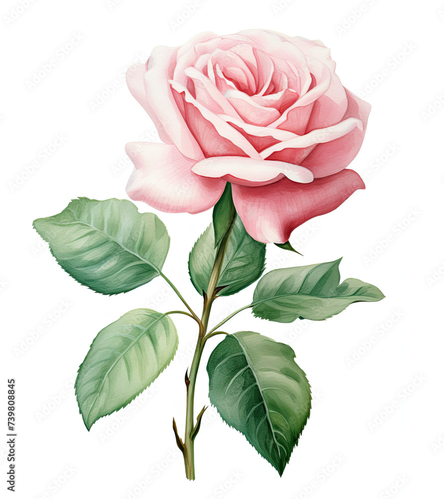 Pink Rose With Green Leaves on White Background Pink Rose With Green Leaves on White Background