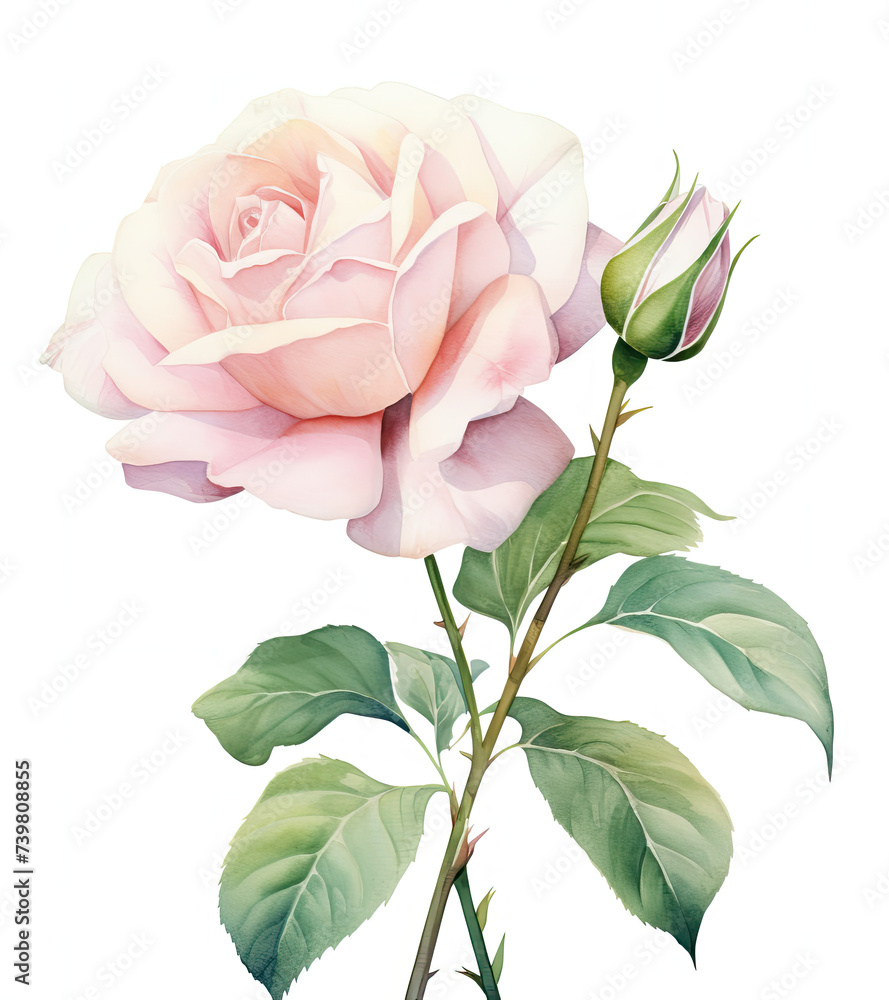 A Pink Rose With Green Leaves on a White Background