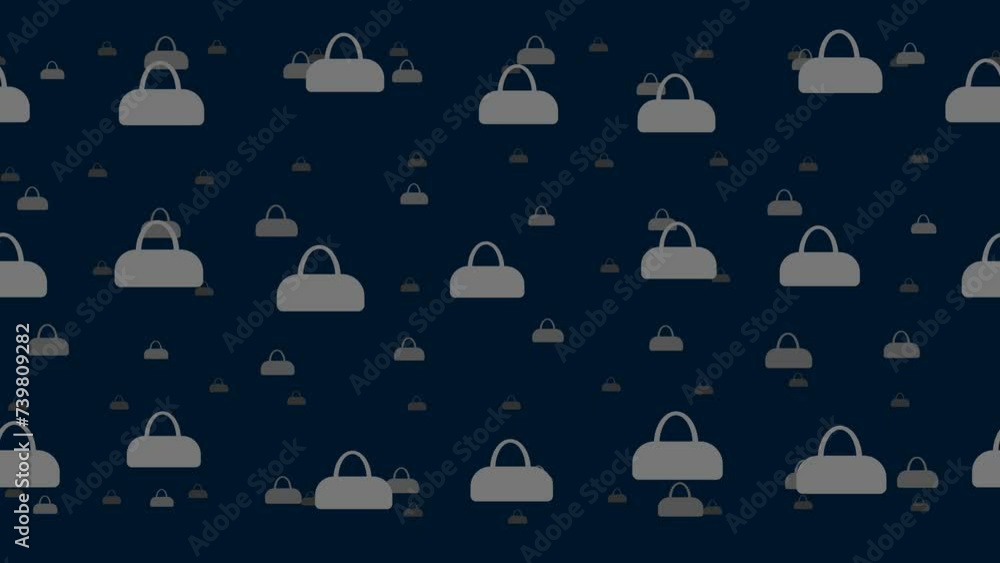 Sports bag symbols float horizontally from left to right. Parallax fly effect. Floating symbols are located randomly. Seamless looped 4k animation on dark blue background Sports bag symbols float horizontally from left to right. Parallax fly effect. Floating symbols are located randomly. Seamless looped 4k animation on dark blue background