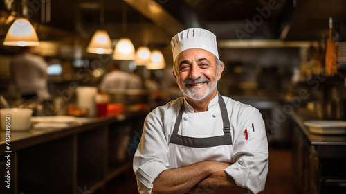 a middle-aged Caucasian chef at the heart of a bustling restaurant kitchen  his classic chef attire and confident stance reflecting his mastery of culinary