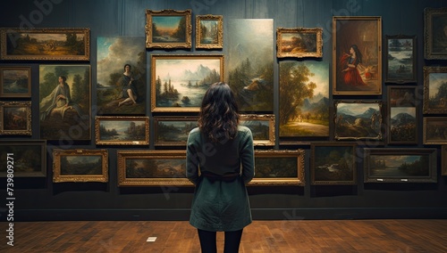 A woman immersed in the beauty of an art gallery, meticulously exploring the pictures adorning the museum walls