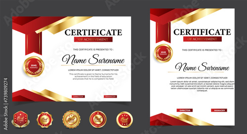 Certificates of completion template with luxury badge and modern line and shapes. Horizontal certificate For award, business, and education needs. Diploma vector template