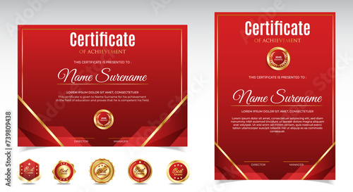 Certificate of appreciation template, gold and red color. Clean modern certificate with gold badge. Certificate border template with luxury and modern line pattern. Diploma vector template
