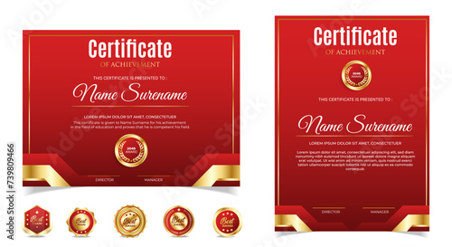 Certificate of appreciation template, gold and red color. Clean modern certificate with gold badge. Certificate border template with luxury and modern line pattern. Diploma vector template
