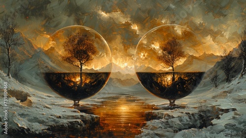 crystal spheres with trees inside are lined up side by side against a blurry natural background. reflects a separate phase of tree development from autumn to winter. photo
