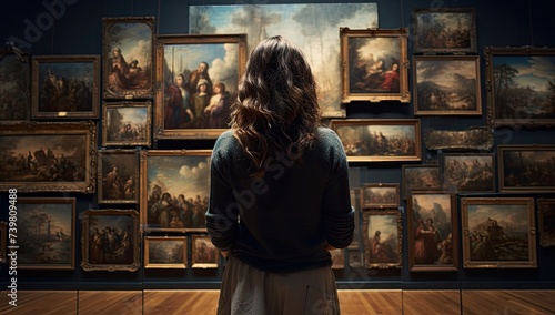 Captured in contemplation, a woman explores the artwork on display at the museum's gallery, delving into each piece with curiosity.