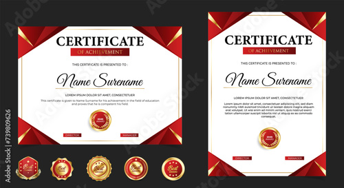 Certificate of appreciation template, gold and red color. Clean modern certificate with gold badge. Certificate border template with luxury and modern line pattern. Diploma vector template