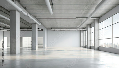 An Empty Room With Large Windows and Concrete Floors