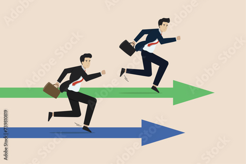Business competition, performance compare to other employees concept, businessman and businessman compete running on arrow racetrack.