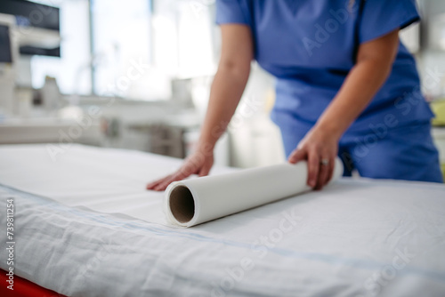 Nurse preparing examination table in emergency room, examination room. Discarding of used paper and rolling out the fresh sheet of paper for next patient.