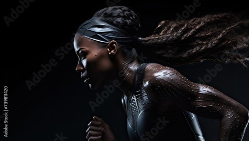 A strong female sprinter runs with intensity against a black background.