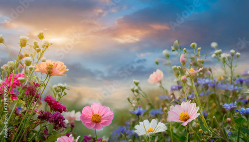 Beautiful colorful flowers with pastel sky and clouds background, Idyllic Meadow landscape  © Bounpaseuth