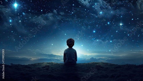 In the quiet of the night, a child looks up at the stars, symbolizing the endless possibilities and aspirations of childhood photo