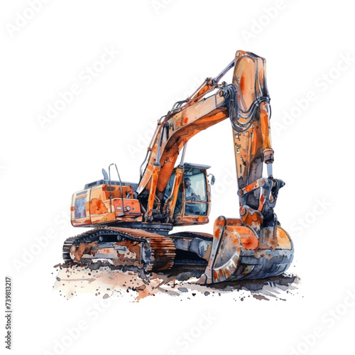 Watercolor excavator on white background