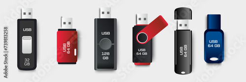 Realistic usb flash drive with style and different colour. isolated on white background. vector