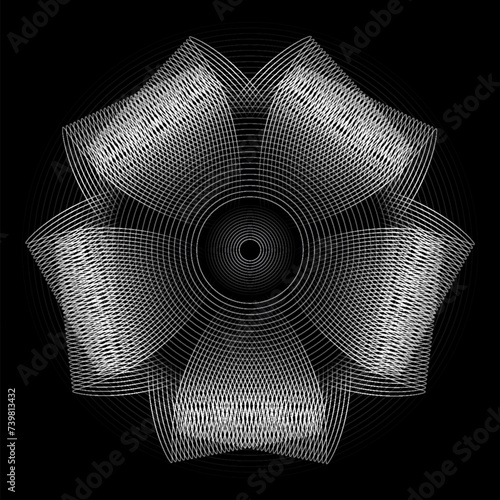 Abstract symbol five petals flower made of thin white lines on a black background. Stylish design element for monochrome posters.