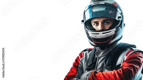 male motorsport driver in uniform isolated on transparent and white background.PNG image	