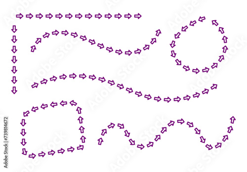 Hoja de iconos de flechas moradas siguiendo un trazado.