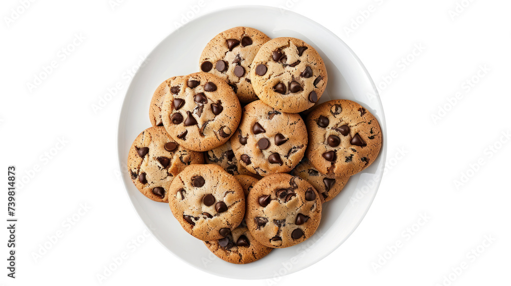 chocolate chip cookies on white plate, isolated on transparent and white background.PNG image chocolate chip cookies on white plate, isolated on transparent and white background.PNG image