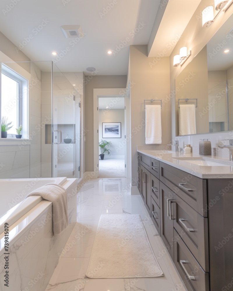 Fototapeta premium Spacious and well-lit modern bathroom design with contemporary fixtures and neutral colors