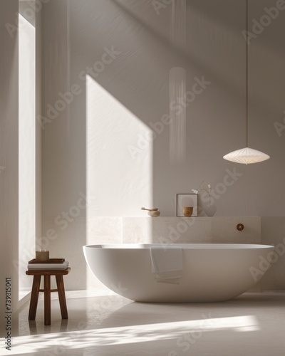 Luxurious and minimalist bathroom with sunlight casting shadows on smooth walls and a modern bathtub