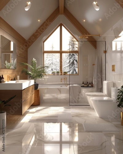 A cozy, warmly lit bathroom inside a snowy cabin with modern amenities and large windows