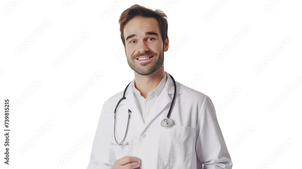 Handsome male doctor in uniform smiling isolated on transparent and white background.PNG image Handsome male doctor in uniform smiling isolated on transparent and white background.PNG image