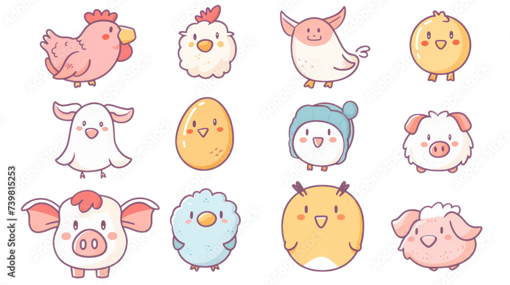 Fototapeta premium Pig, cow, sheep, hen chicken, egg icon. Cute round face head. isolated on transparent and white background.PNG image
