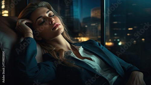 A businesswoman leans back on the sofa, eyes closed, perhaps contemplating the day's events with a moment of relaxation