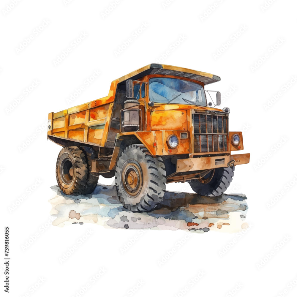 Watercolor dump truck on white background
