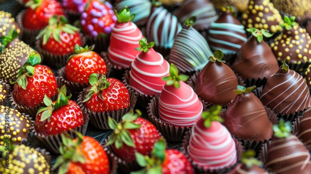Chocolate-covered strawberries of different colors stacked in rows, a delicious dessert