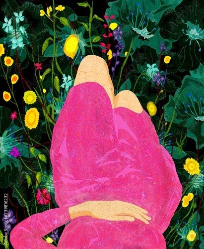Ilustracja młoda kobieta w różowej sukience leżąca na placach na łące wśród kwiatów ciemne kolorowe tło roślinne.