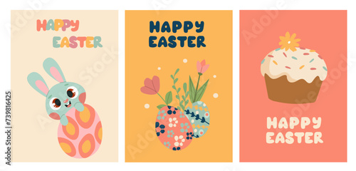 Posters set with cute bunny and chicken, spring flowers and colored eggs. Vector flat illustration. Holiday banner, flyer or greeting voucher, brochure design.