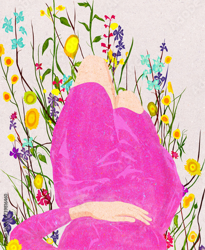 Ilustracja młoda kobieta w różowej sukience leżąca na placach na łące wśród kwiatów jasne kolorowe tło roślinne.